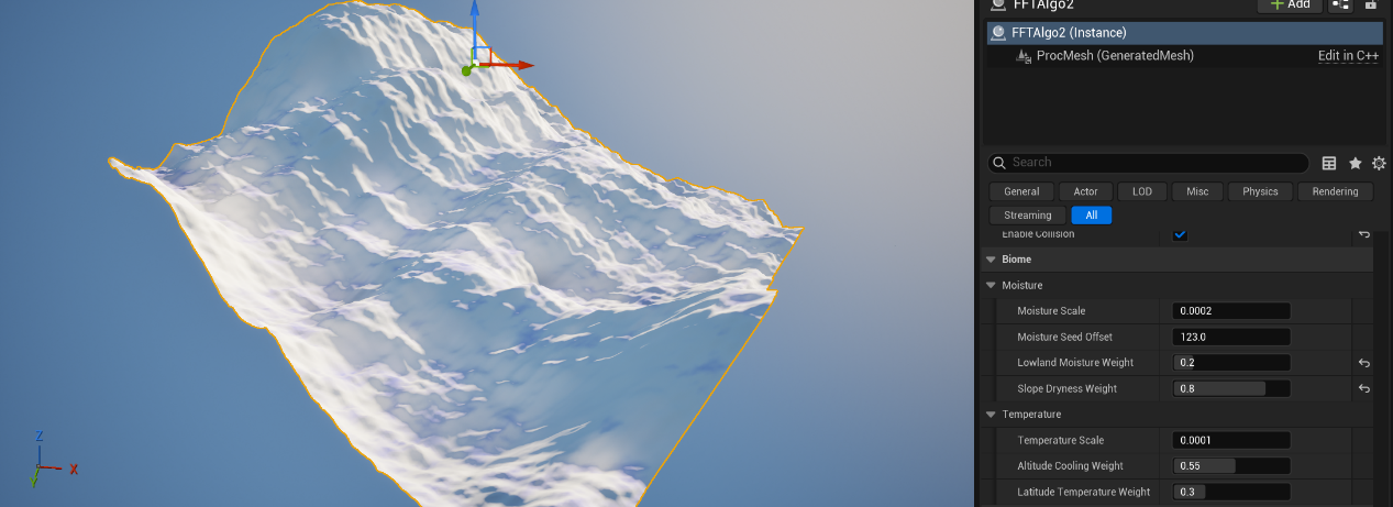 Moisture vertex-colour visualisation with elevation and slope weight settings in Unreal Engine