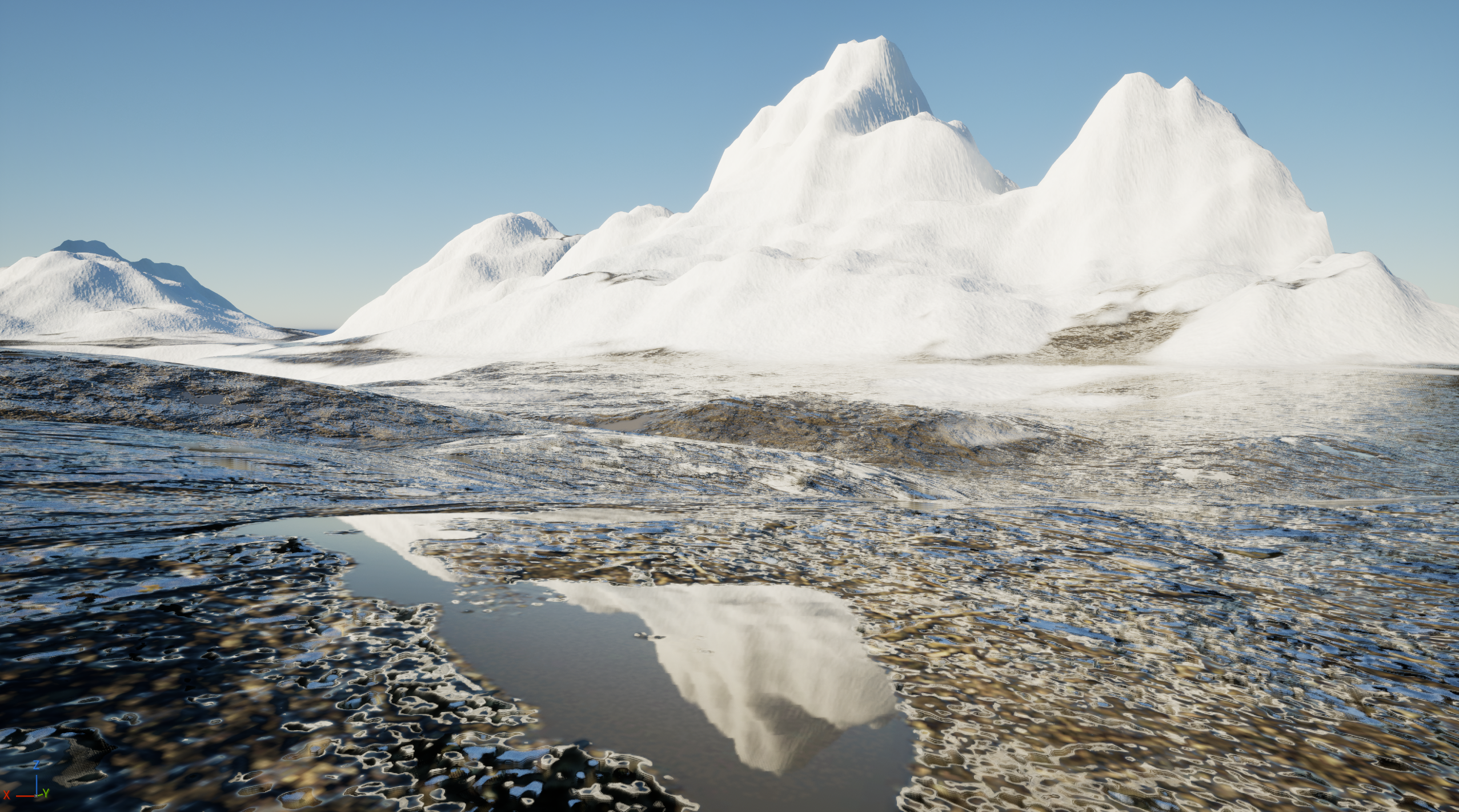 Snow-covered FFT mountains and wet muddy ground showing automatic material blending