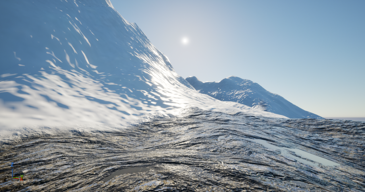Close view of the transition from snow to exposed ground on an FFT terrain slope
