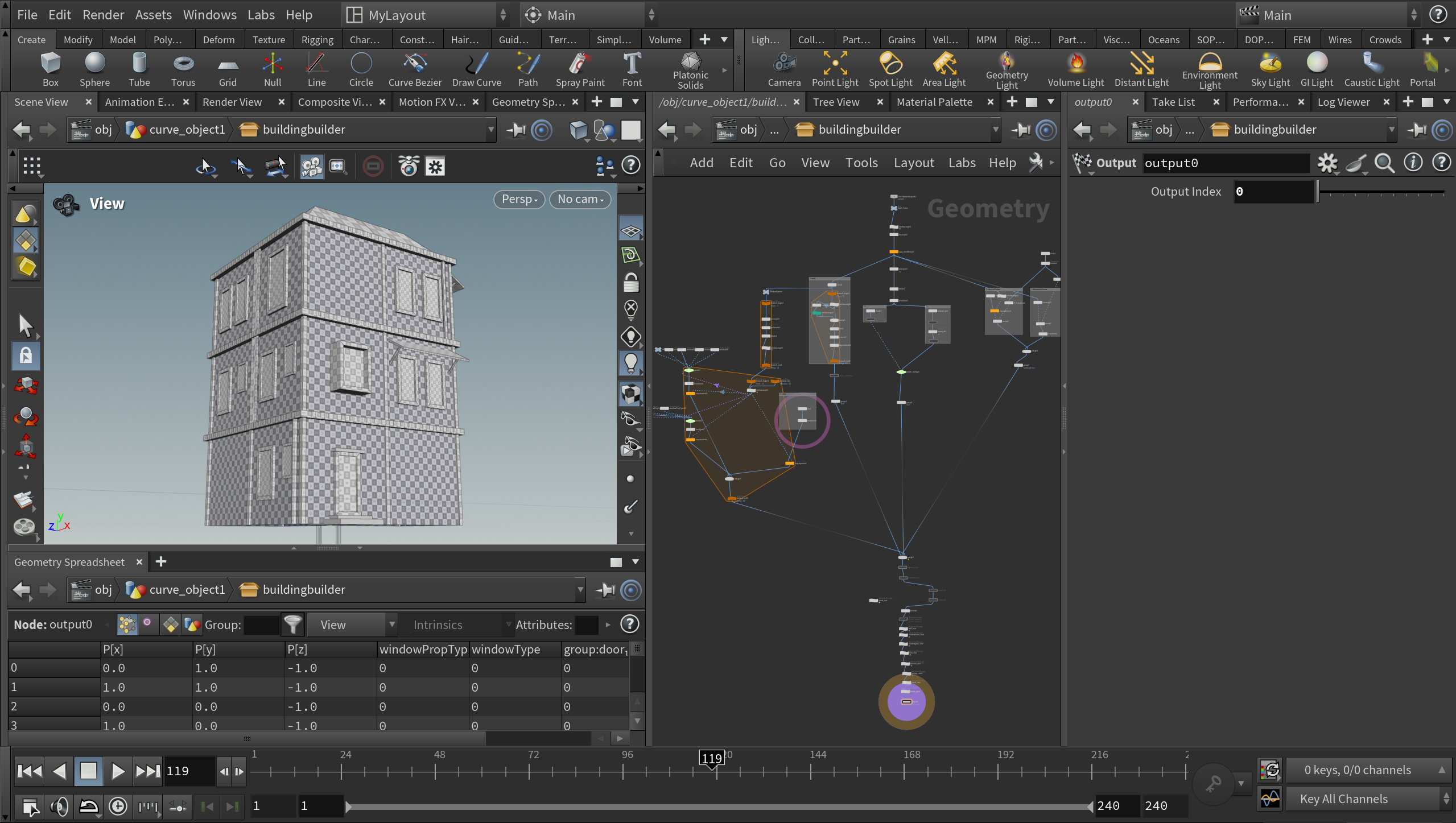 Houdini procedural building generator network and adjustable parameters